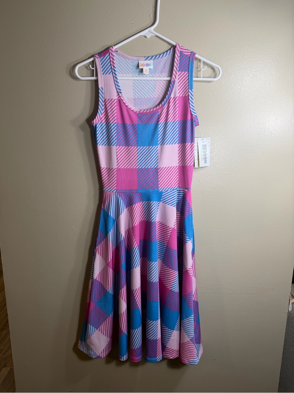 NWT LuLaRoe Nicki Dress XXS Pink Blue Geometric Fit & Flare Barbiecore